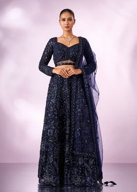 Mohey Women Indigo Blue Art Silk Lehenga with Cutdana Work