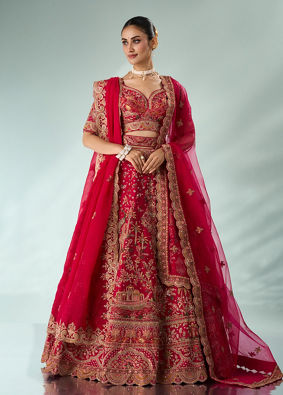 Mohey Women Pink Silk Bridal Lehenga with Moti Work