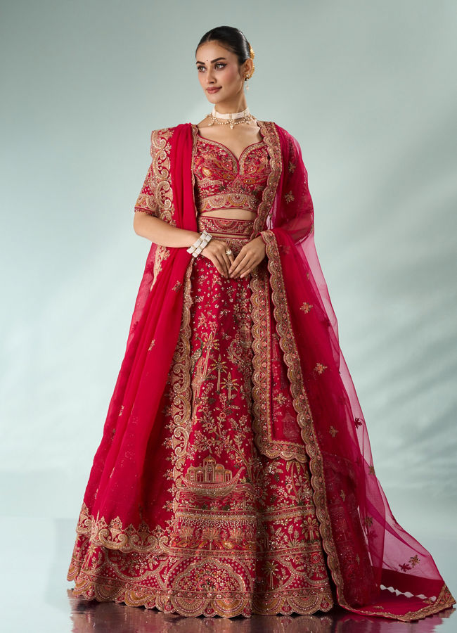 Mohey Women Pink Silk Bridal Lehenga with Moti Work