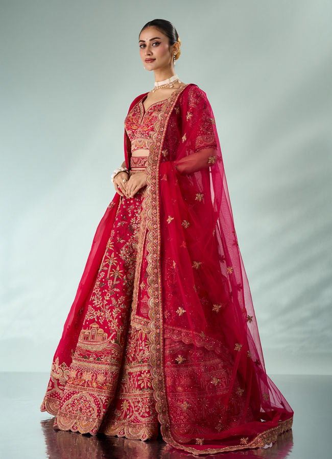 Mohey Women Pink Silk Bridal Lehenga with Moti Work