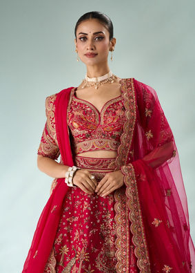 Mohey Women Pink Silk Bridal Lehenga with Moti Work