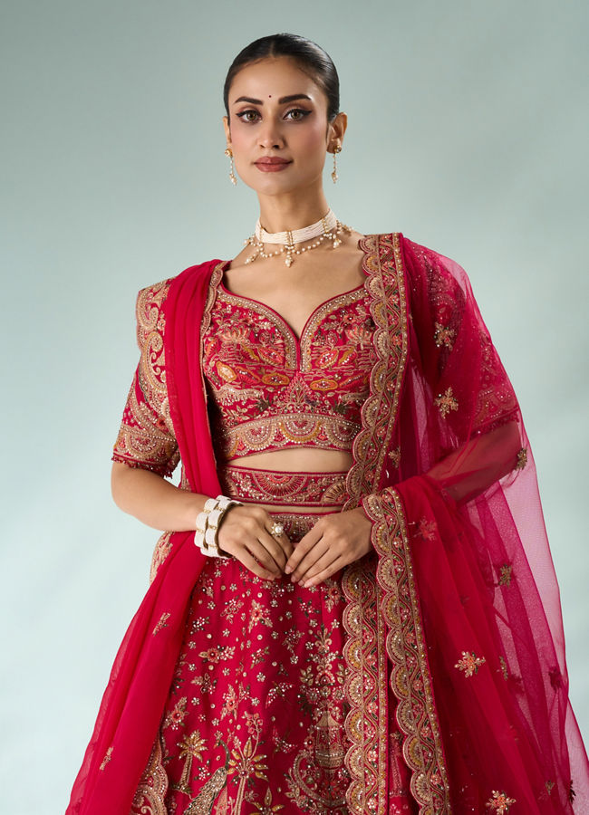 Mohey Women Pink Silk Bridal Lehenga with Moti Work