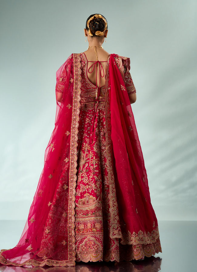 Mohey Women Pink Silk Bridal Lehenga with Moti Work