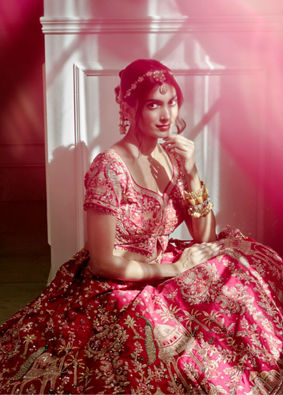 Mohey Women Pink Silk Bridal Lehenga with Moti Work