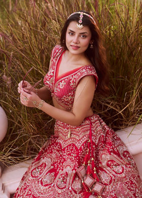 Mohey Women Red Silk Lehenga with Mirror Work