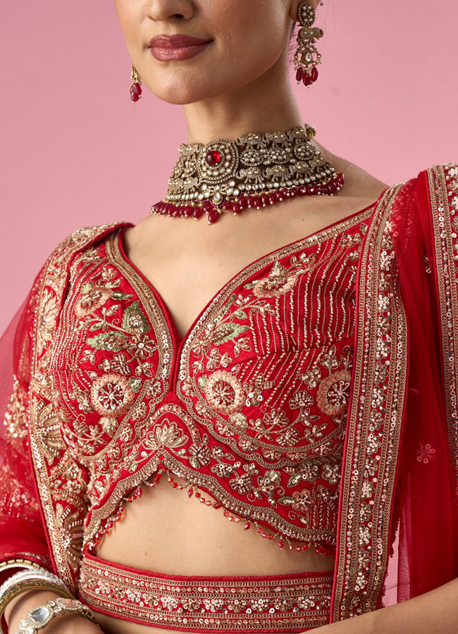 Mohey Women Red Art Silk Lehenga with Mirror Work