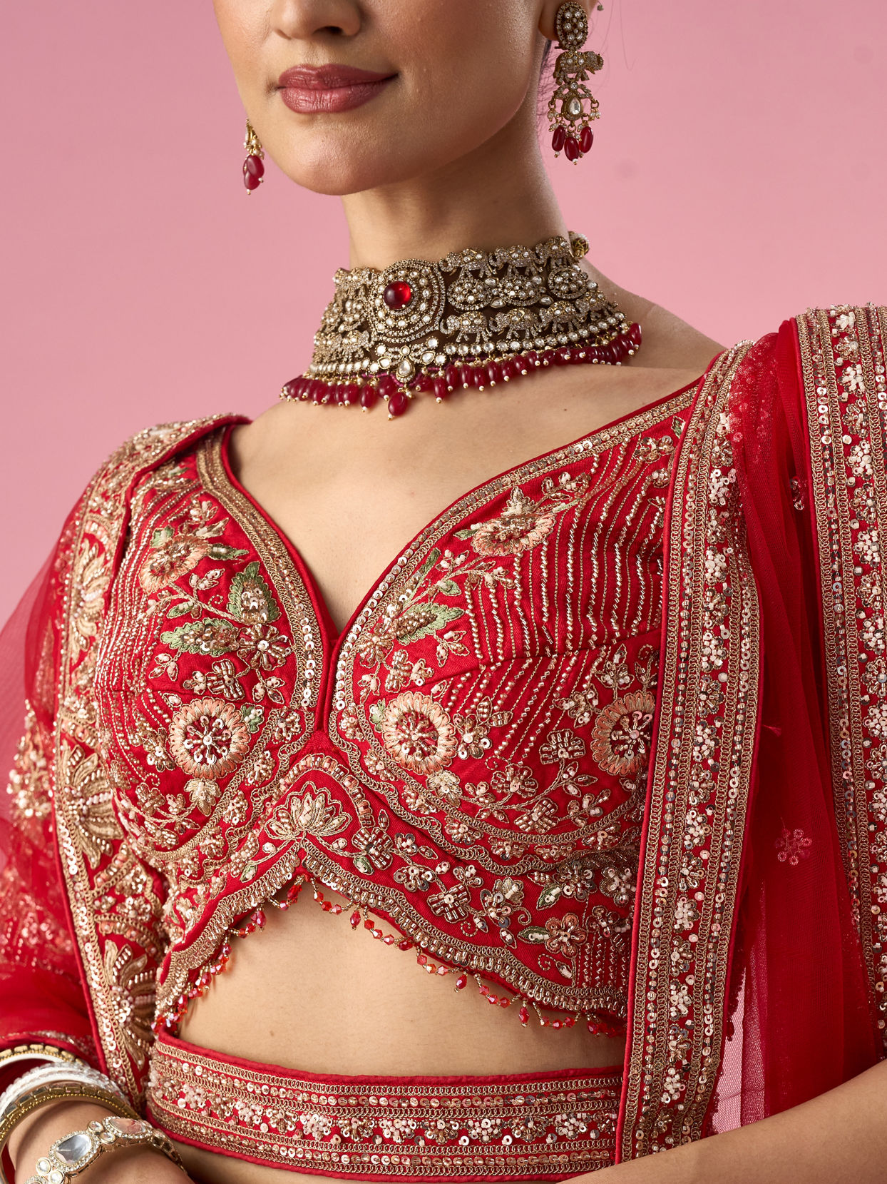 Mohey Women Red Art Silk Lehenga with Mirror Work
