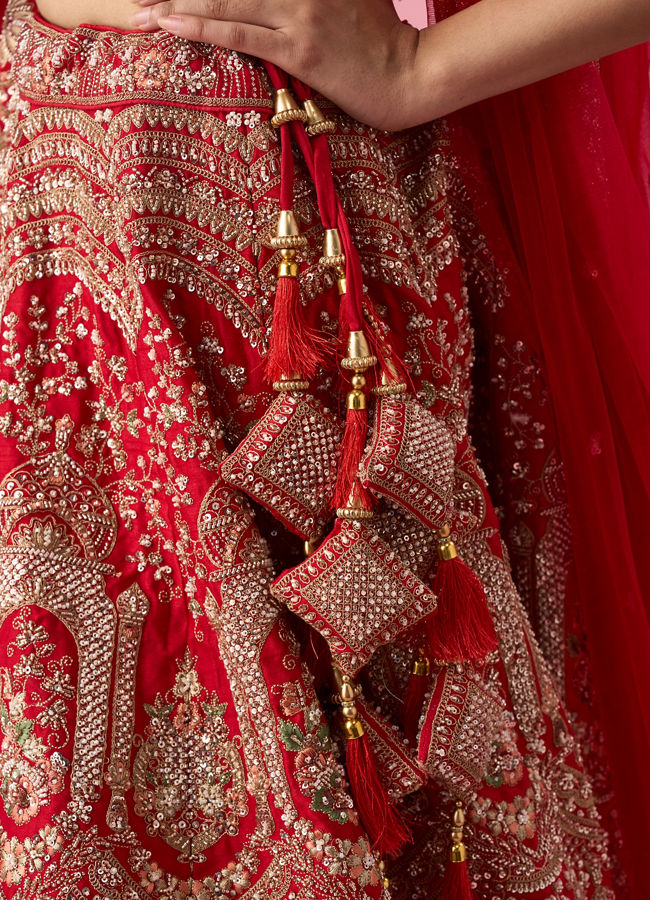 Mohey Women Red Art Silk Lehenga with Mirror Work