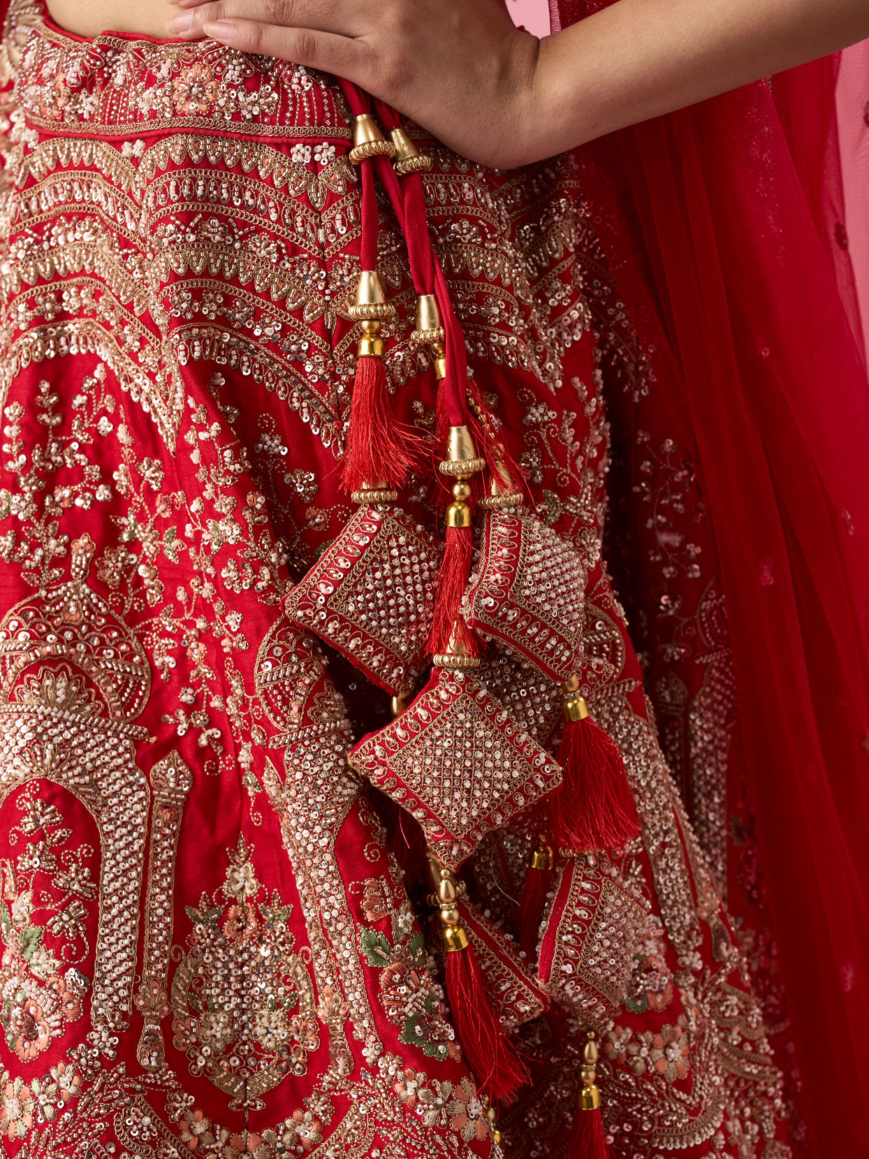 Mohey Women Red Art Silk Lehenga with Mirror Work