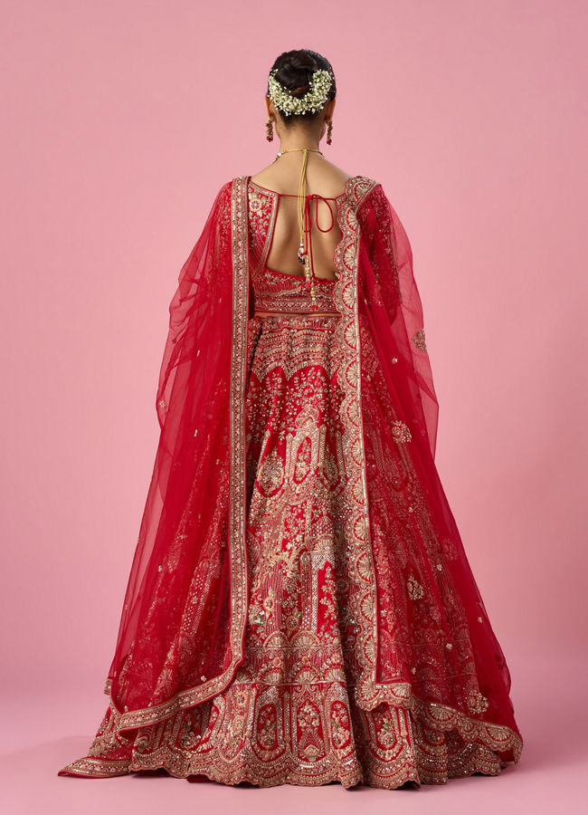 Mohey Women Red Art Silk Lehenga with Mirror Work