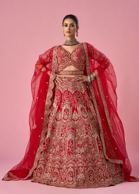 Mohey Women Red Art Silk Lehenga with Mirror Work
