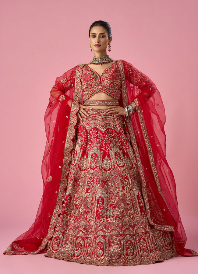 Mohey Women Red Art Silk Lehenga with Mirror Work