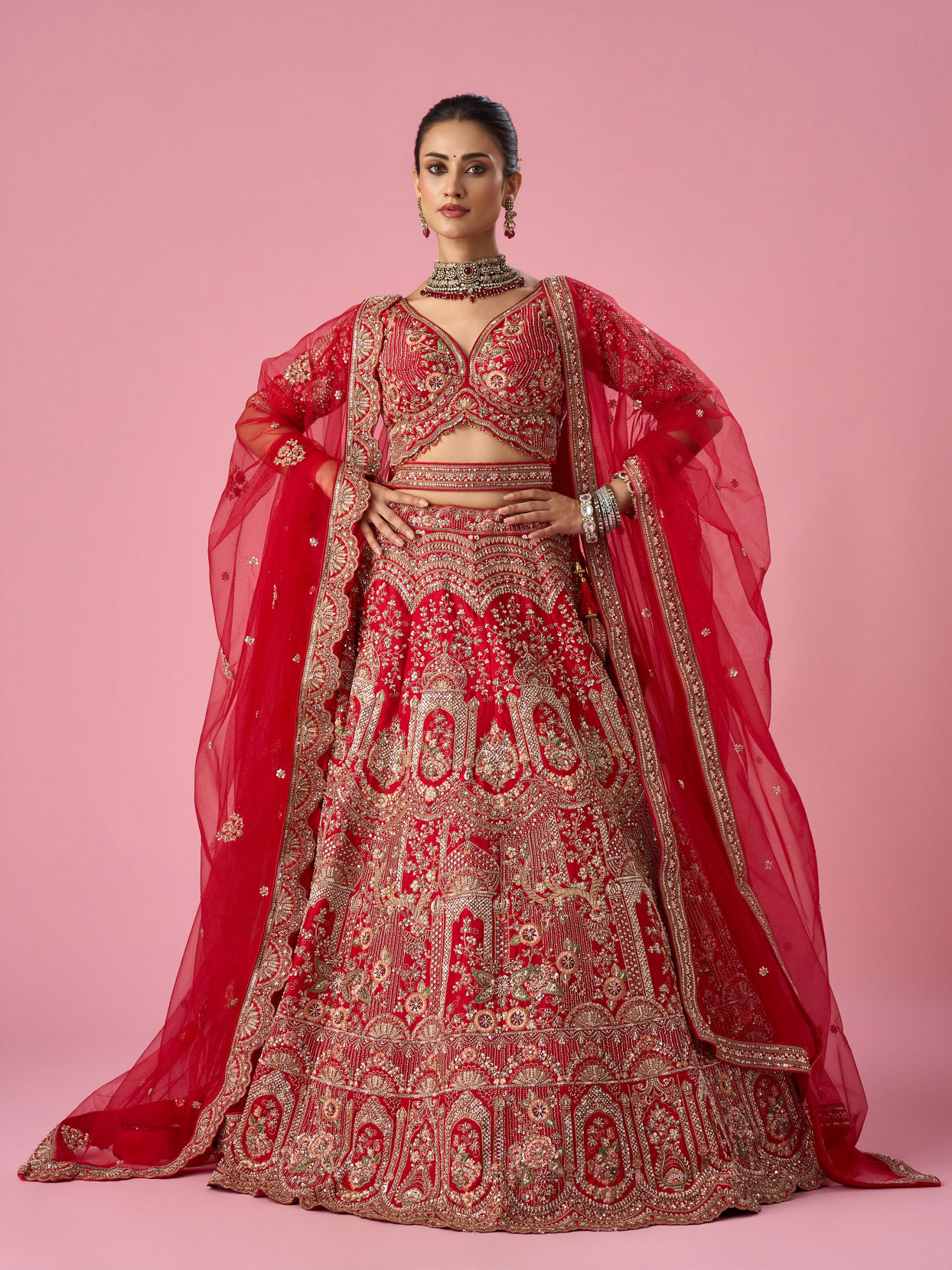 Mohey Women Red Art Silk Lehenga with Mirror Work