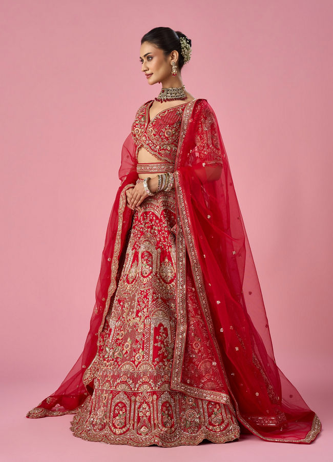 Mohey Women Red Art Silk Lehenga with Mirror Work