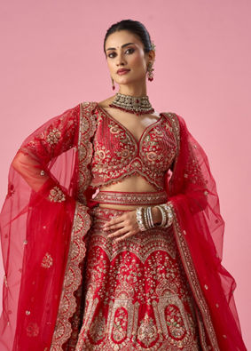 Mohey Women Red Art Silk Lehenga with Mirror Work