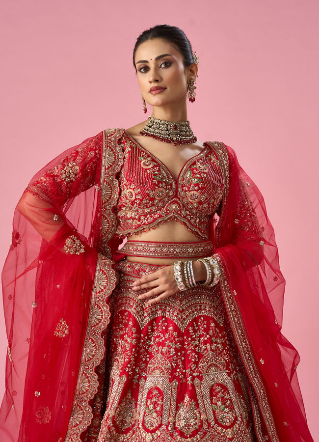 Mohey Women Red Art Silk Lehenga with Mirror Work