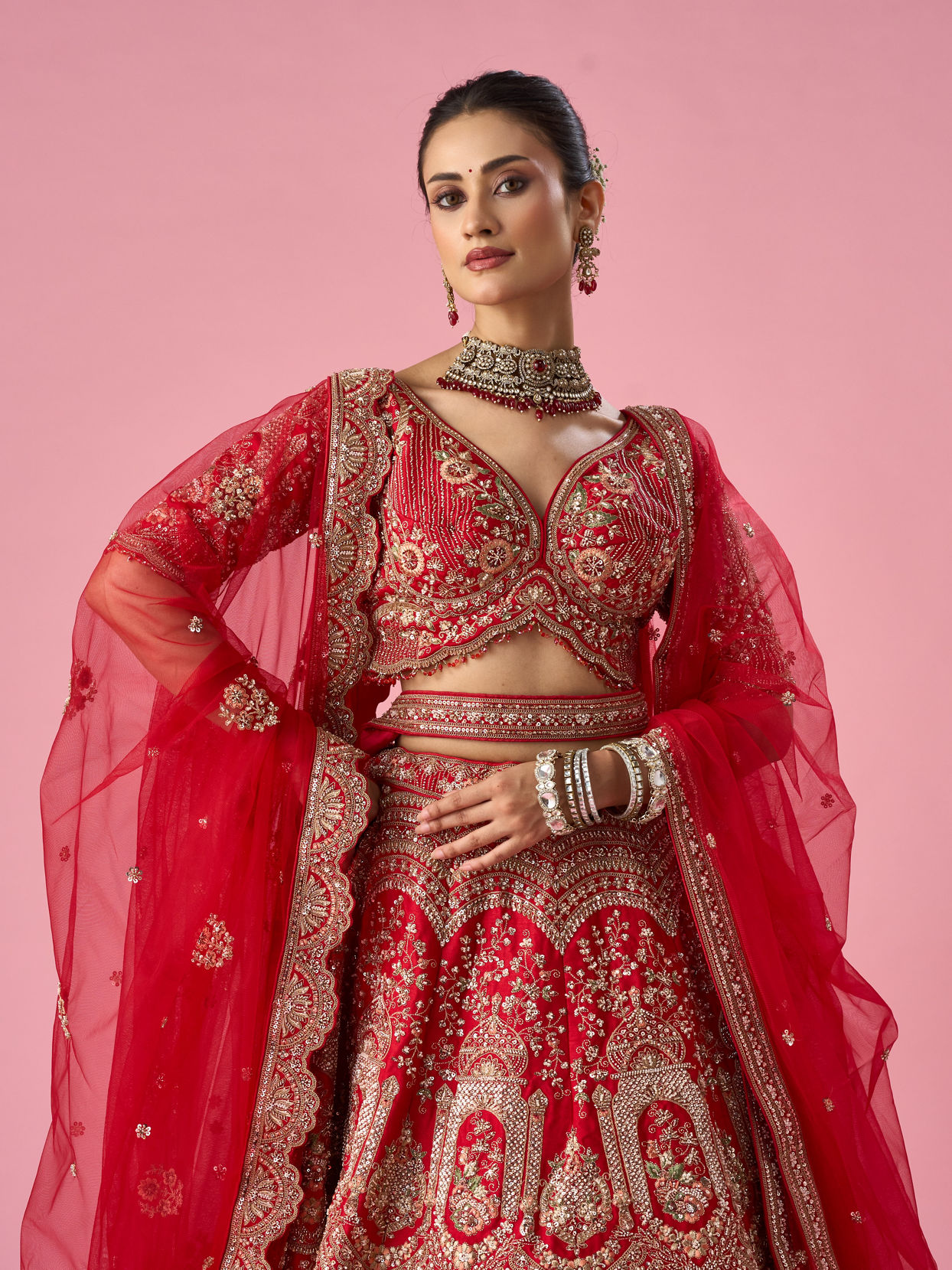 Mohey Women Red Art Silk Lehenga with Mirror Work