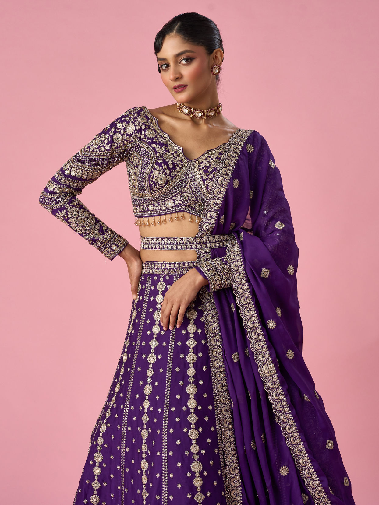 Mohey Women Purple Tissue Lehenga with Stone Work