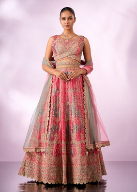 Mohey Women Pink Chinon Lehenga with Mirror Work