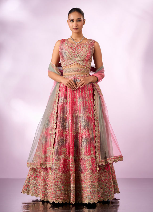 Mohey Women Pink Chinon Lehenga with Mirror Work