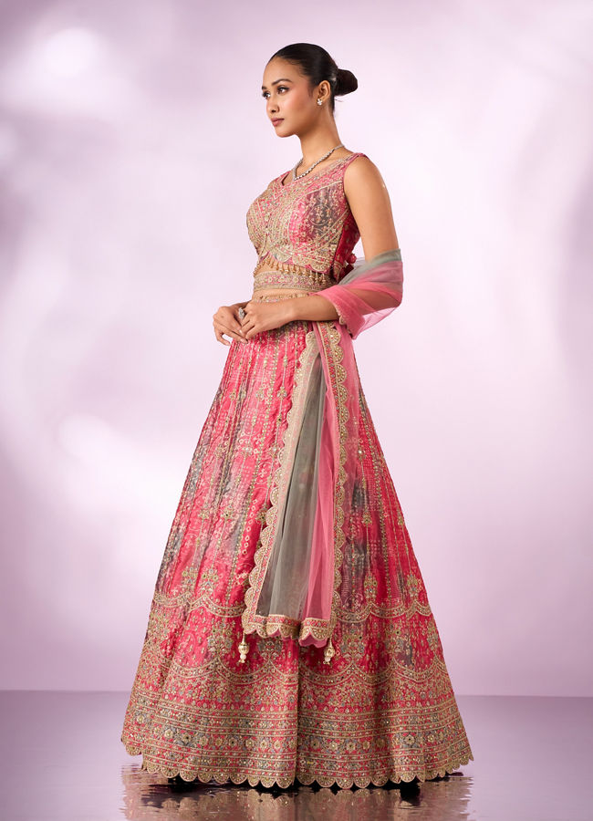 Mohey Women Pink Chinon Lehenga with Mirror Work
