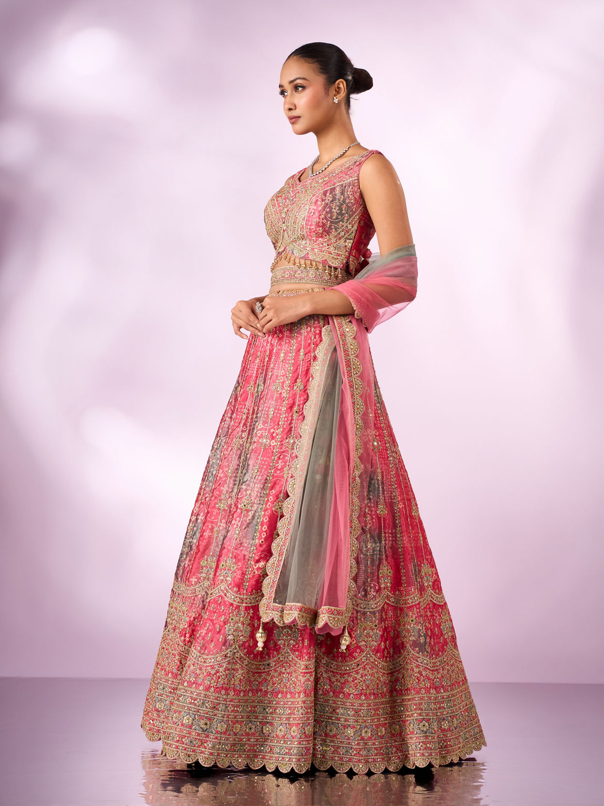 Mohey Women Pink Chinon Lehenga with Mirror Work