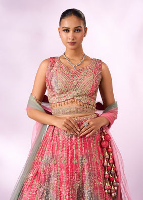 Mohey Women Pink Chinon Lehenga with Mirror Work