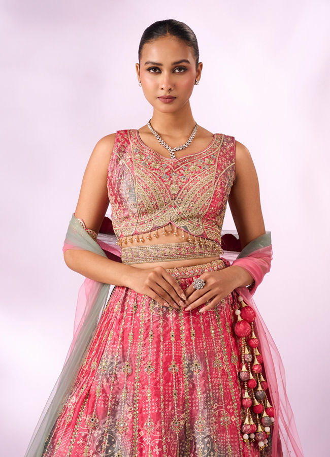 Mohey Women Pink Chinon Lehenga with Mirror Work