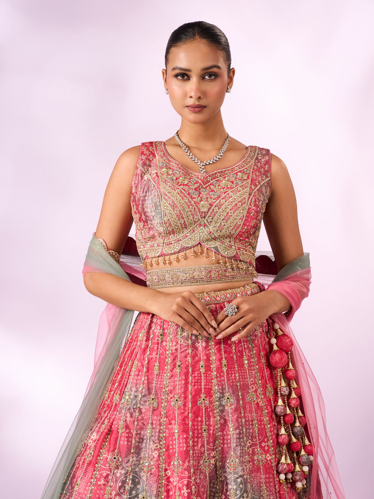 Mohey Women Pink Chinon Lehenga with Mirror Work
