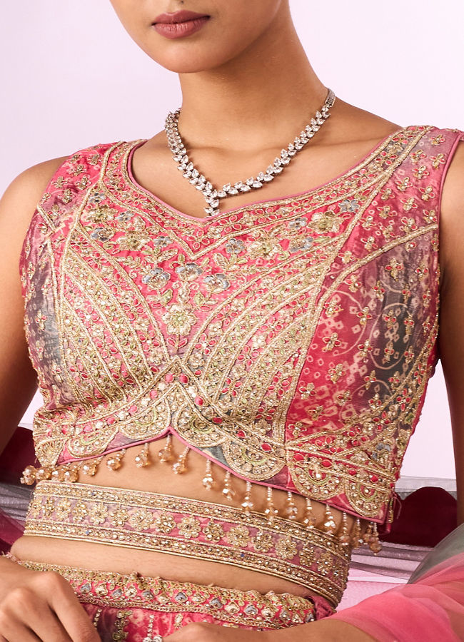 Mohey Women Pink Chinon Lehenga with Mirror Work