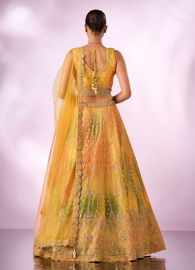 Mohey Women Mustard Yellow Chinon Lehenga with Mirror Work