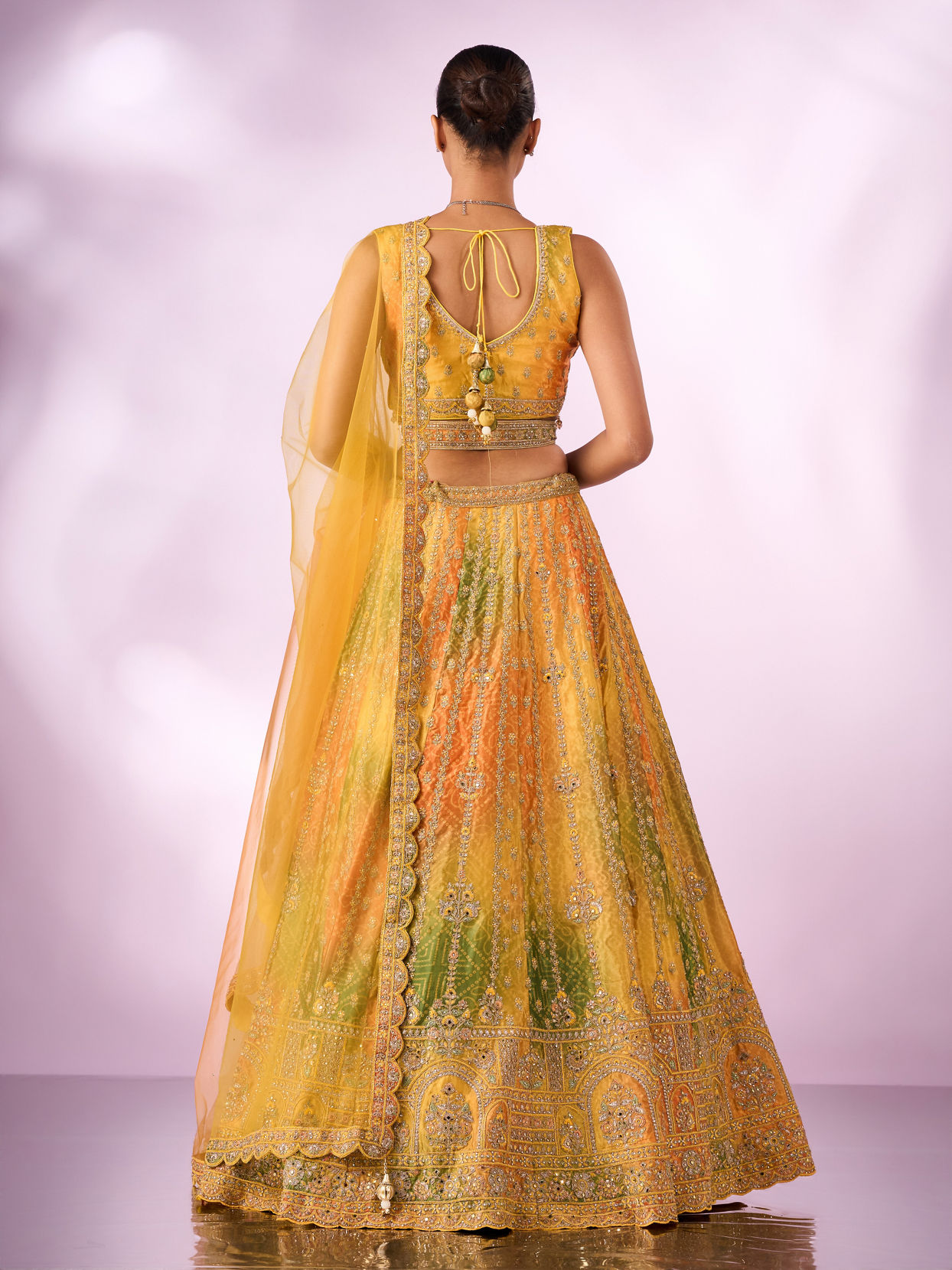 Mohey Women Mustard Yellow Chinon Lehenga with Mirror Work