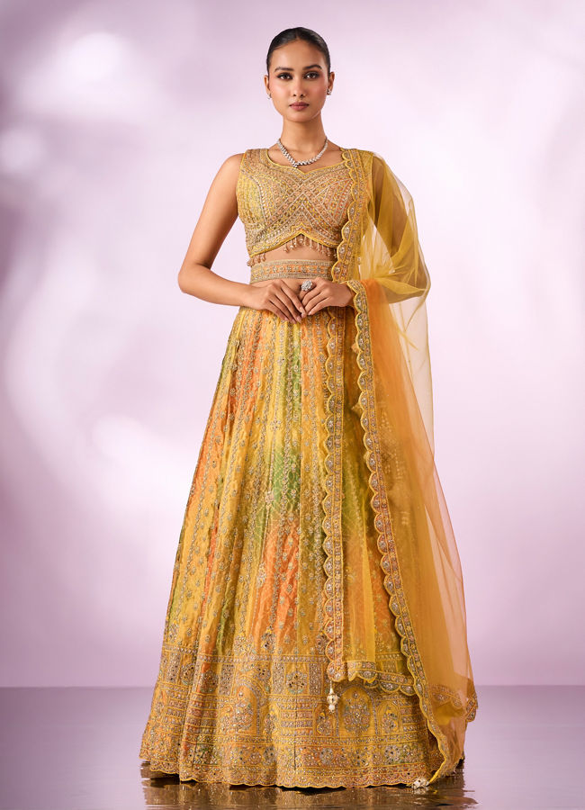 Mohey Women Mustard Yellow Chinon Lehenga with Mirror Work