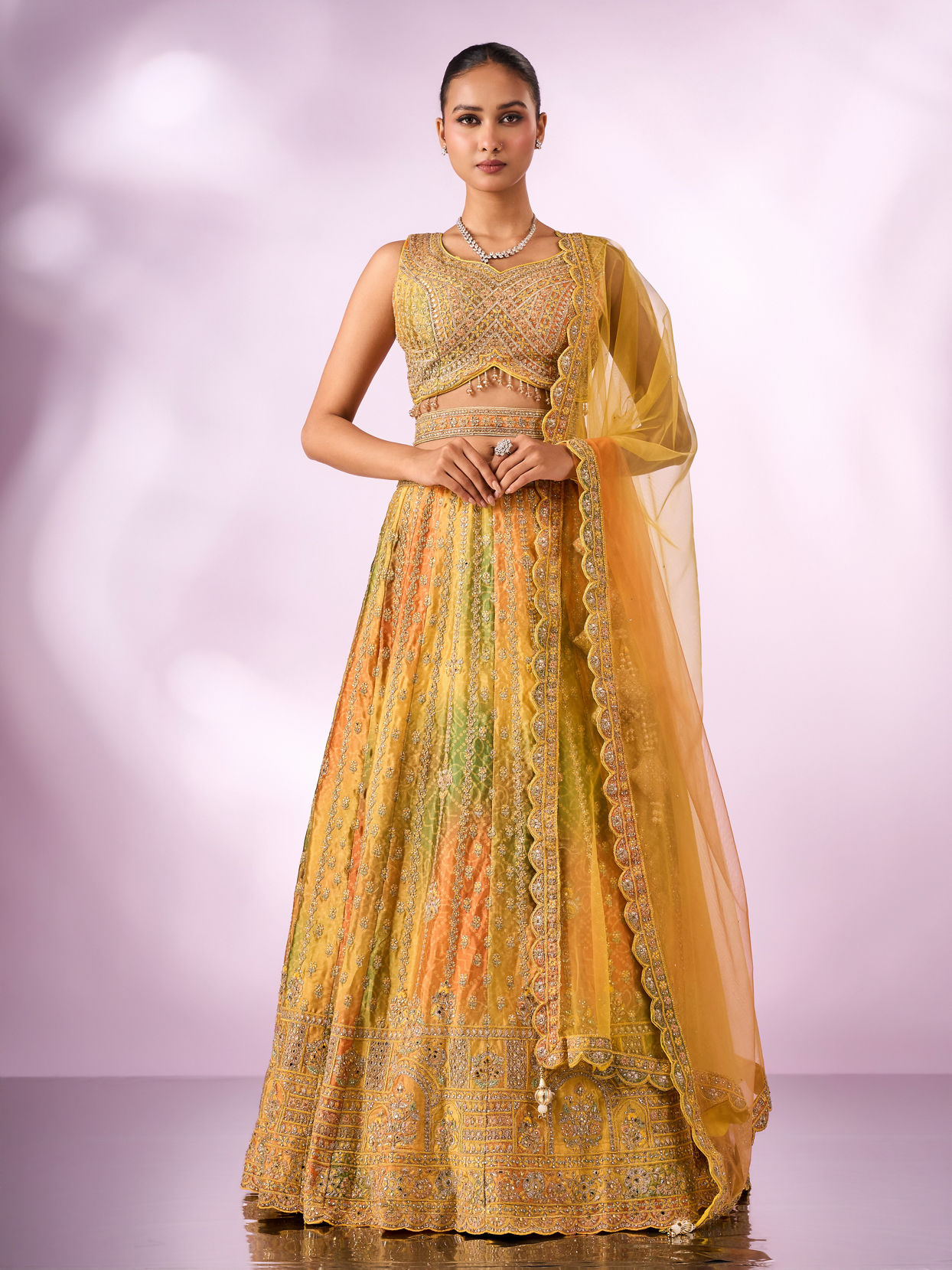 Mohey Women Mustard Yellow Chinon Lehenga with Mirror Work