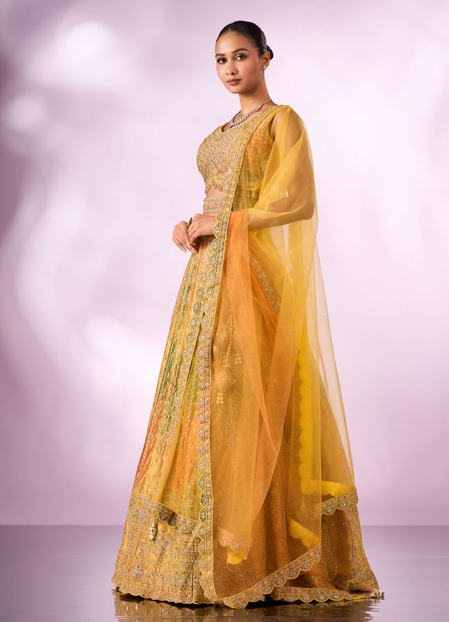 Mohey Women Mustard Yellow Chinon Lehenga with Mirror Work