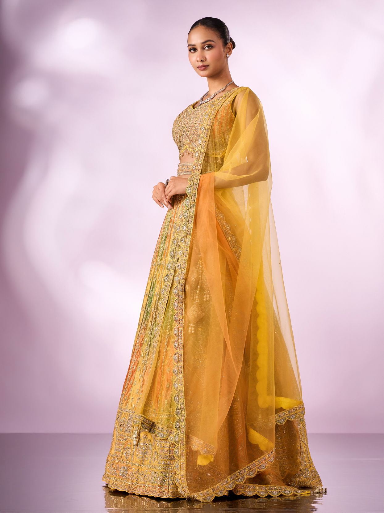 Mohey Women Mustard Yellow Chinon Lehenga with Mirror Work
