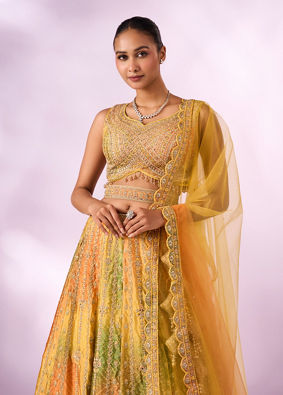 Mohey Women Mustard Yellow Chinon Lehenga with Mirror Work