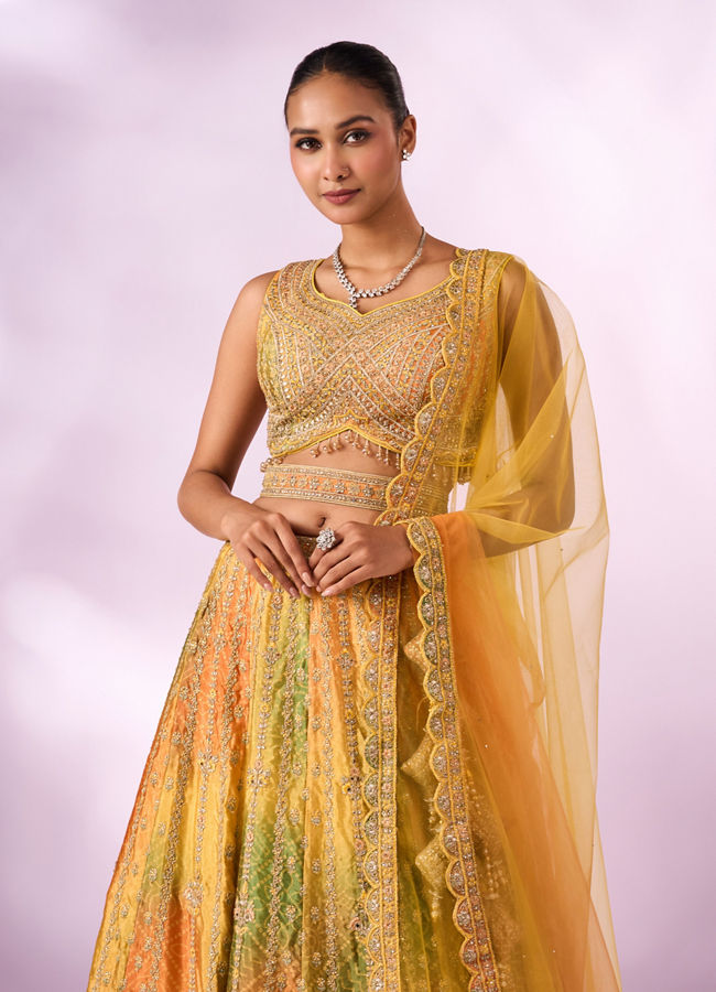 Mohey Women Mustard Yellow Chinon Lehenga with Mirror Work