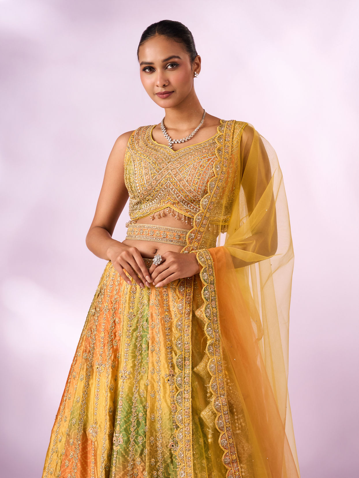Mohey Women Mustard Yellow Chinon Lehenga with Mirror Work