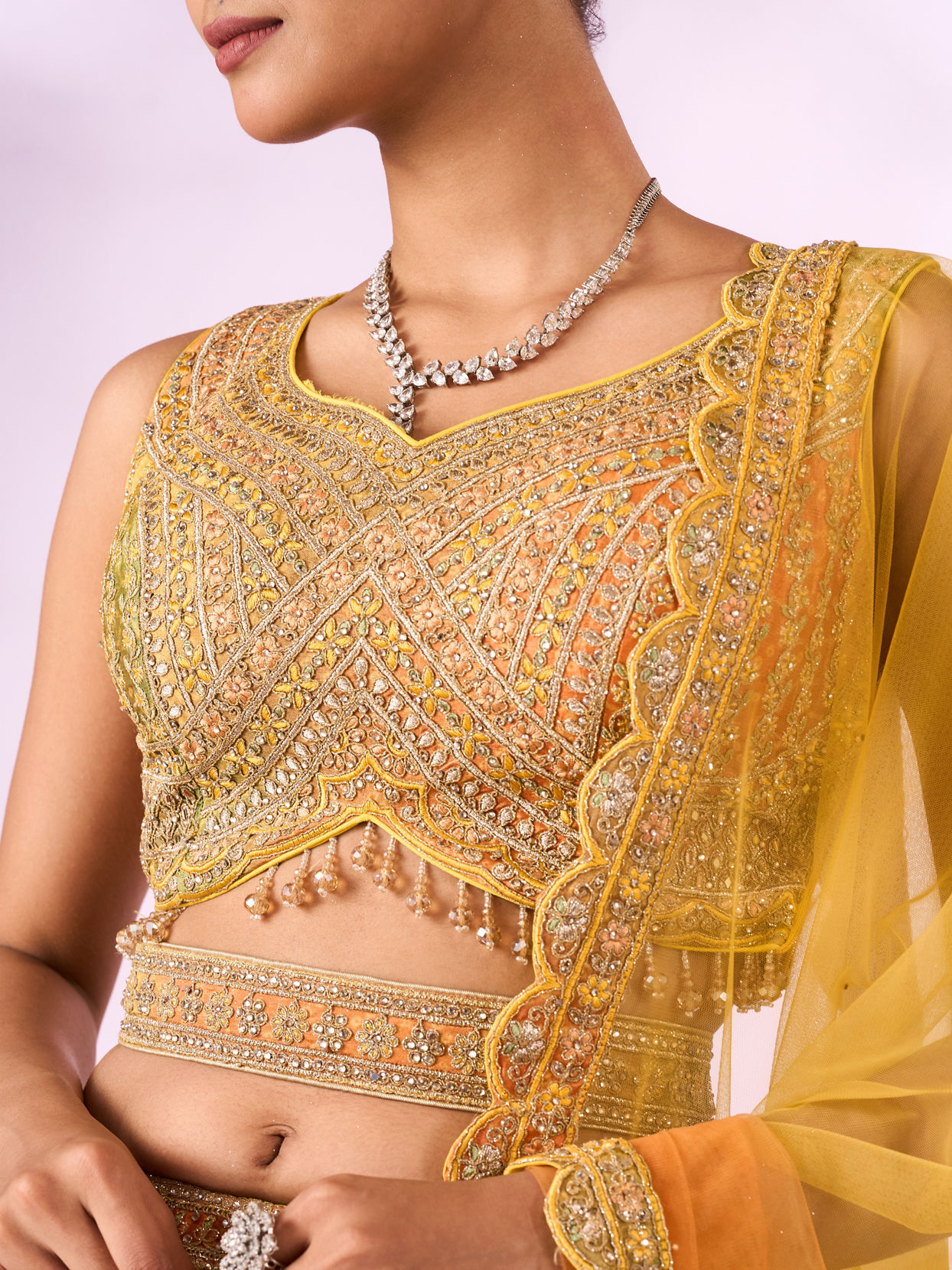 Mohey Women Mustard Yellow Chinon Lehenga with Mirror Work