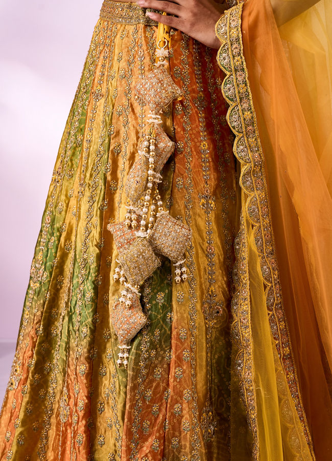 Mohey Women Mustard Yellow Chinon Lehenga with Mirror Work