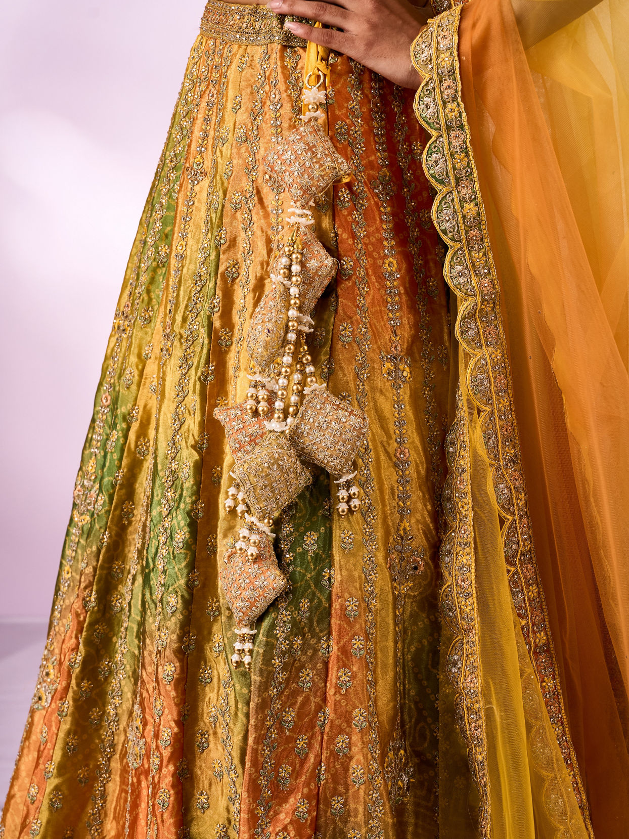 Mohey Women Mustard Yellow Chinon Lehenga with Mirror Work