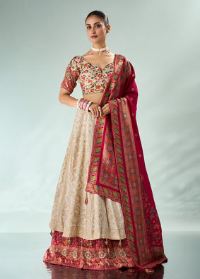 Mohey Women Cream Silk Lehenga with Moti Work