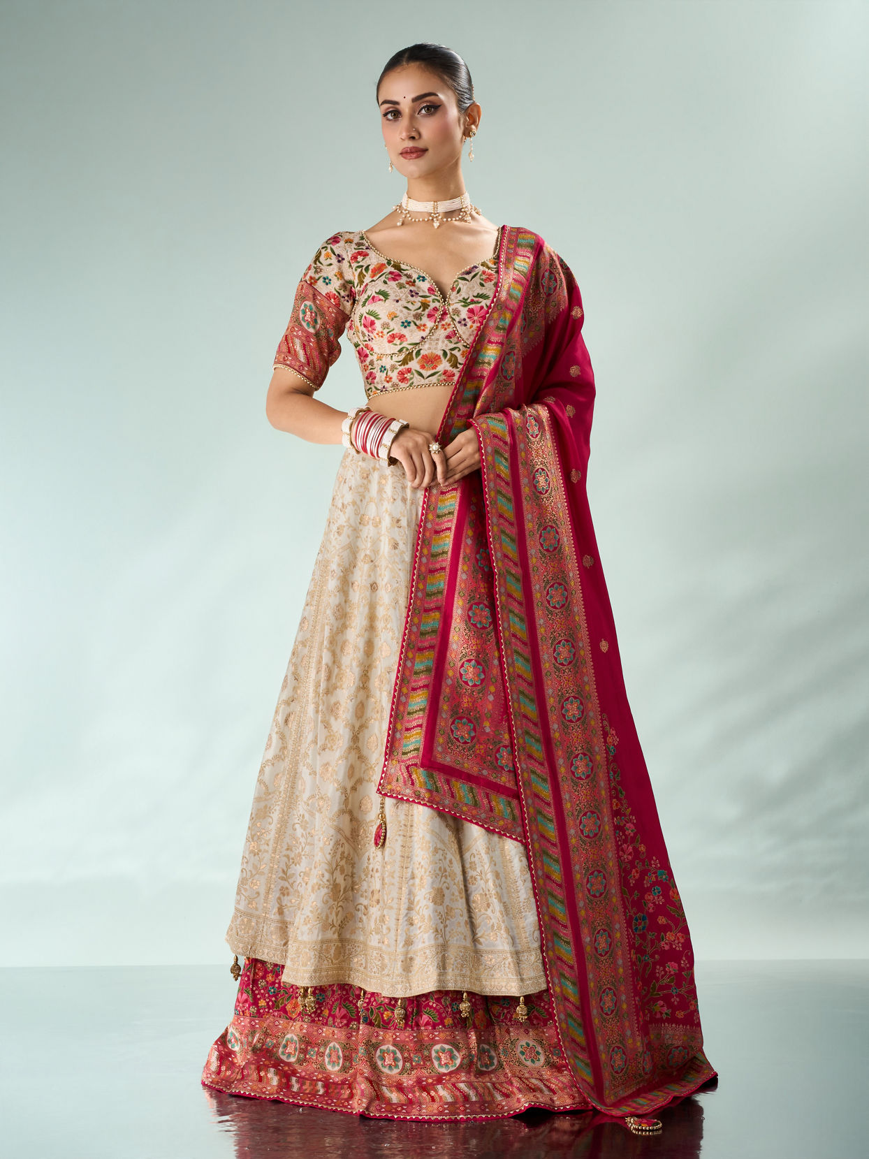 Mohey Women Cream Silk Lehenga with Moti Work