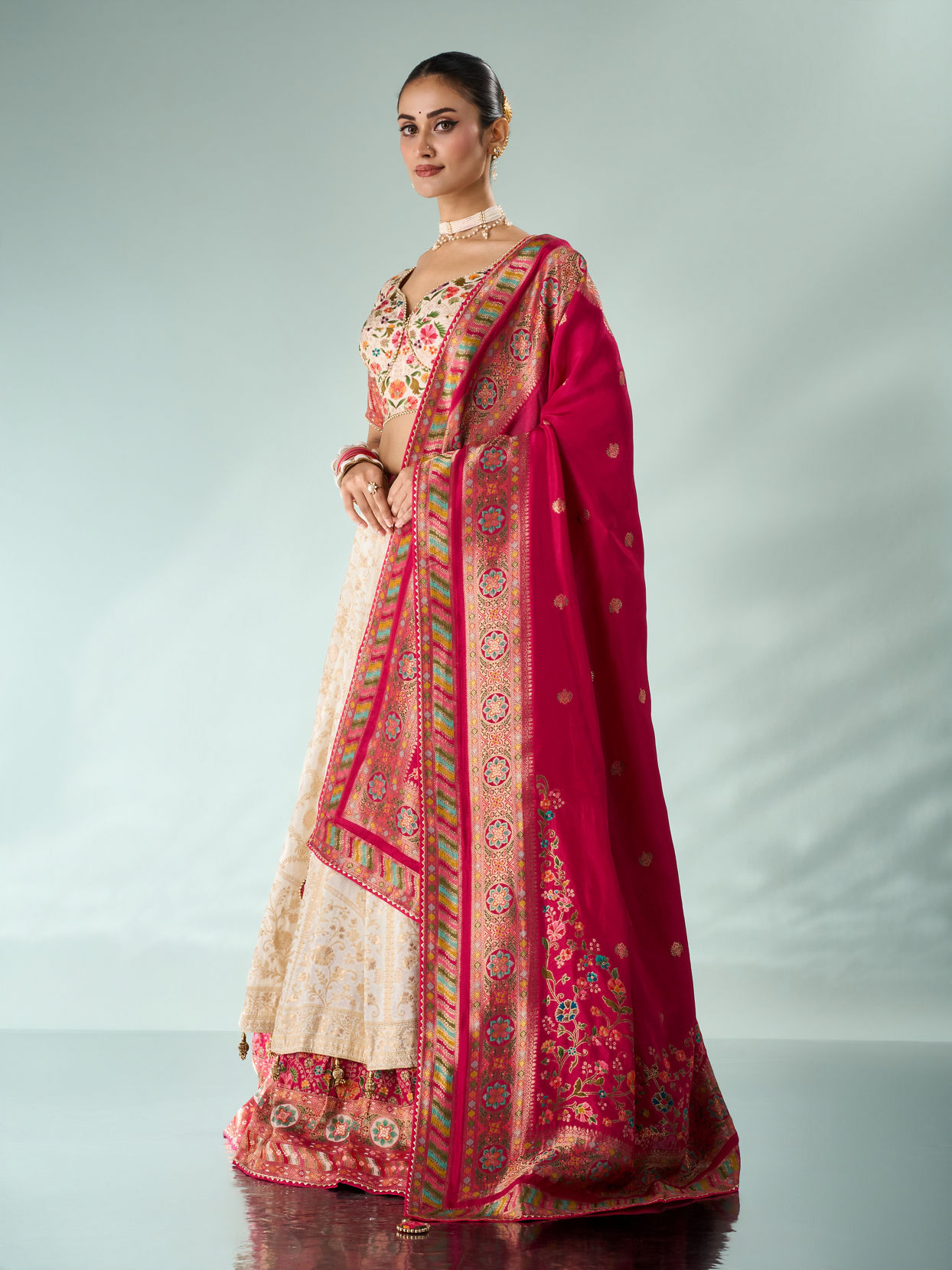 Mohey Women Cream Silk Lehenga with Moti Work