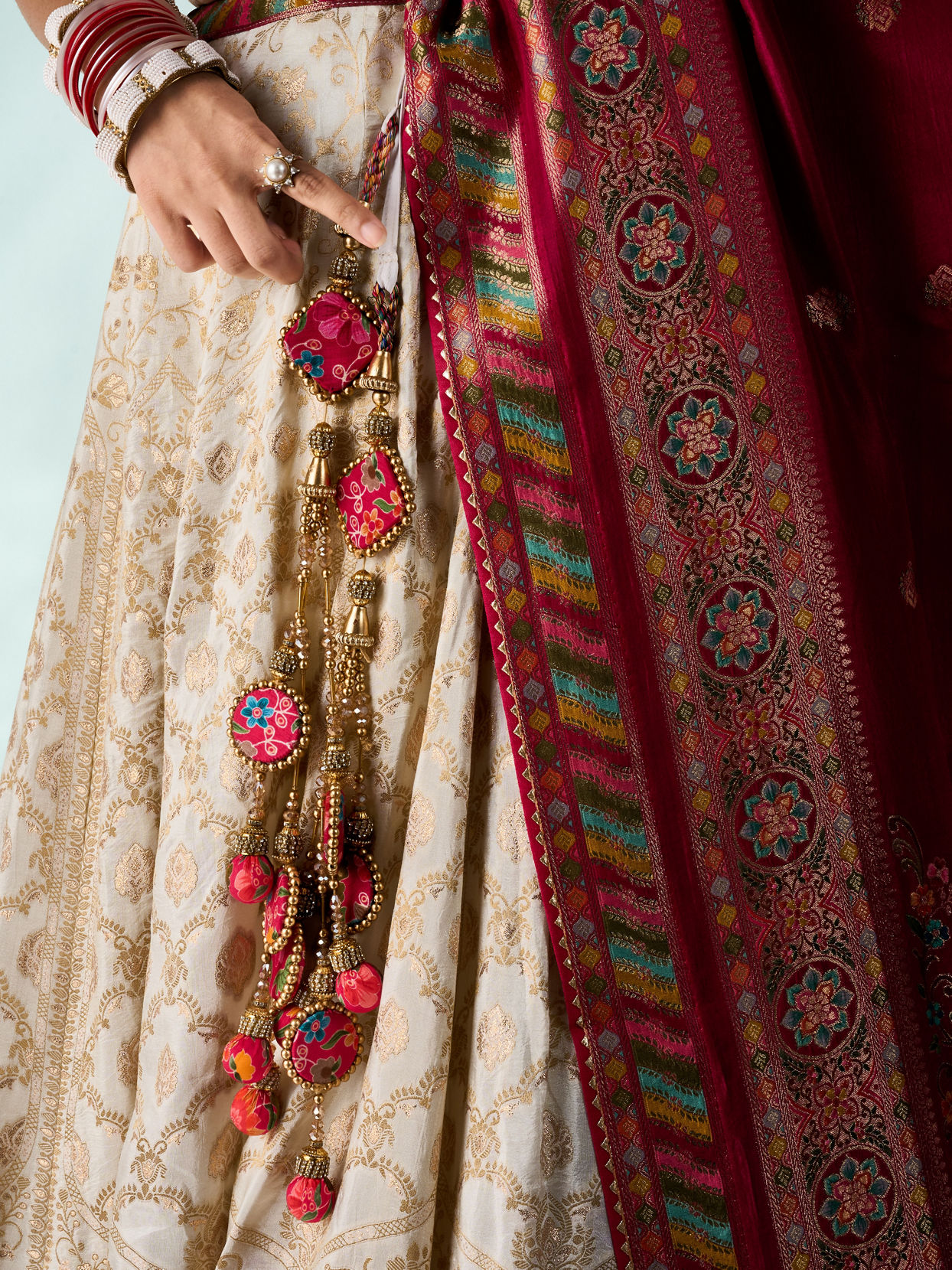 Mohey Women Cream Silk Lehenga with Moti Work