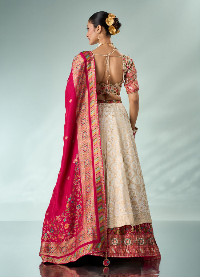 Mohey Women Cream Silk Lehenga with Moti Work