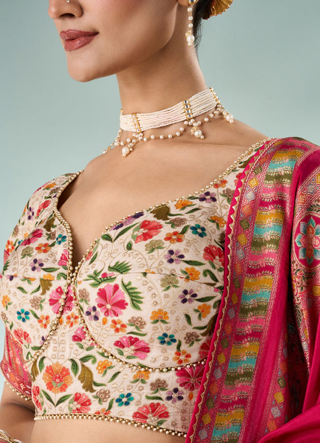 Mohey Women Cream Silk Lehenga with Moti Work