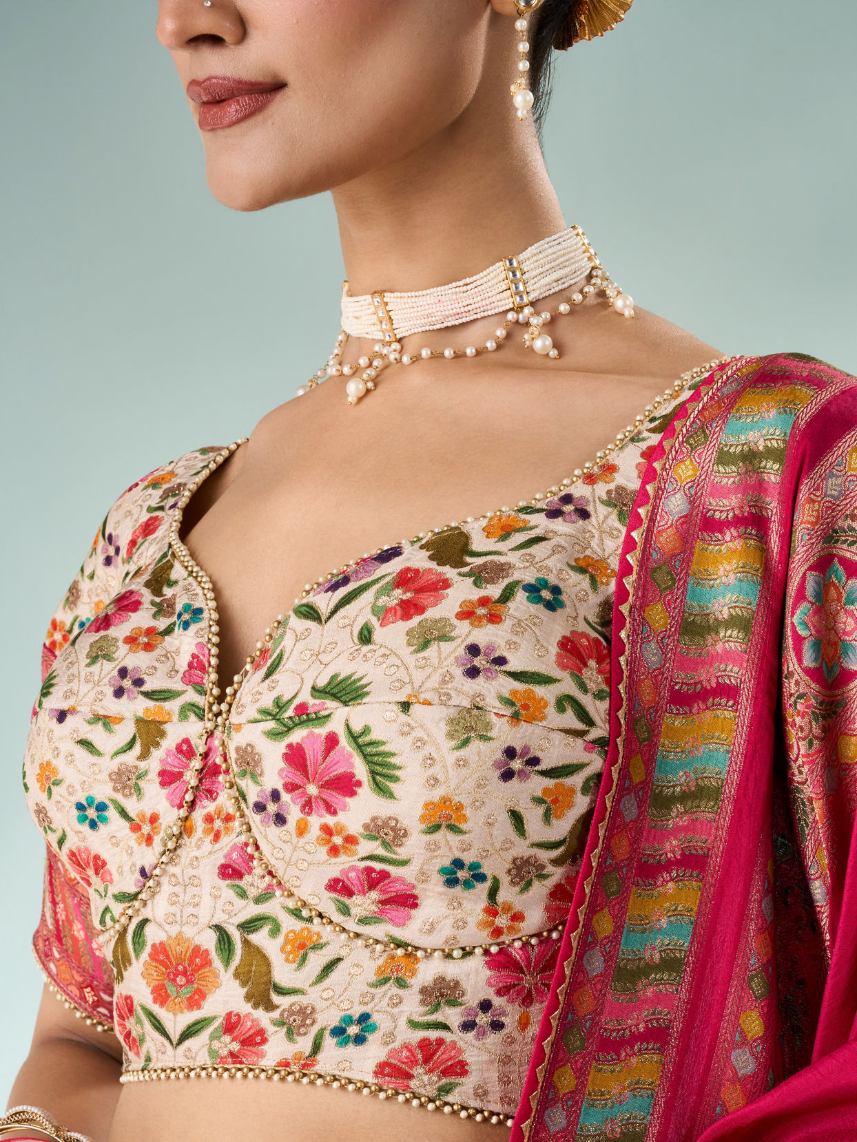 Mohey Women Cream Silk Lehenga with Moti Work