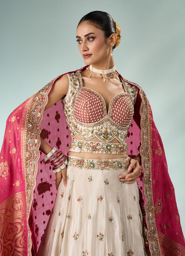 Mohey Women Cream Silk Lehenga with Moti Work
